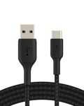 Belkin BoostCharge Braided USB-C to USB-A Cord (1M/3.3ft) for iPhone 16 Series, Samsung Galaxy S24 Series, Note20, Google Pixel 7 & 8, iPad Pro, Nintendo Switch, & More - Black