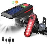 JSHNE Bike Light, Sloar & USB Rechargeable Bicycle Light Set with Horn, Super Bright LED Bike Lights for Night Riding Front and Back, Waterproof Safety Headlight and Rear Taillight Set