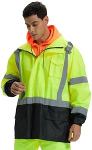 Hi Vis Rain Jacket for Men,Waterproof Class 3 Safety Rain Suit with Removable Hood & Black Bottom,High Visibility Rain Gear with Interior Mesh Lining
