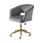 Kiztir Velvet Home Office Chair, Modern Swivel Desk Chair with Gold Base, Round Solid Wheel, Adjustable Vanity Chair for Study, Living Room, Bedroom (Grey)