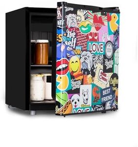 Klarstein Cool Vibe - Kühlschrank, Volumen: 48 Liter, VividArt Concept: Tür mit StickerBomb-Comic-Design Print, Eisfach, Geräuschentwicklung: 42 dB, schwarz
