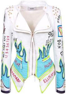 Fashionable SX women's punk flower embroidered short synthetic leather jacket hand-painted motorcycle denim jacket（076-white-L)