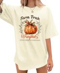 UNIQUEONE Halloween Oversized Pumpkin Shirt Women Farm Fresh Pumpkins Tshirts Fall Clothes Casual Crewneck Pullover Tops Apricot