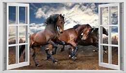 Mi Alma Huge 3D Vinyl Wall Decal Decal, White Window Frame Style Home Décor Art Removable Wall Decal, 33.5"x 47" (Wild Horses)