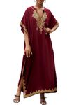 Eddoyee Caftan Cover Up for Swimwear Women Plus Size V-neck Kaftan Swimsuit Coverup Embroidery Short Sleeve Beach Dress Red