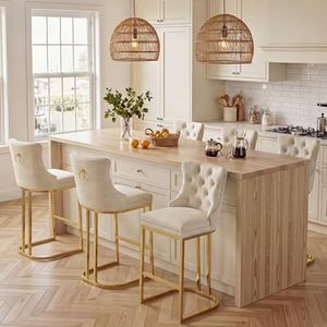 AQO Counter Height Bar Stools Set of 6 for Kitchen Island, Modern Bar Stools with Backs, 26 Inch Barstools with Upholstered Velvet Seat and Gold Legs, Beige
