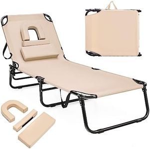 Giantex Reclining Camping Lounger Chair w/5 Adjustable Positions, Convenient Face Hole, 3 Detachable Pillow & Hand Ropes, Outdoor Foldable Sun Lounger Bed for Beach Patio Poolside & Lawn (Beige)