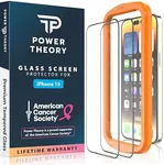 Power Theory compatible with iPhone 15 Screen Protector Tempered Glass, [Benefits American Cancer Society], 9H Hardness, Easy Install Kit, 99% HD Bubble Free Clear, Case Friendly, 2 Pack