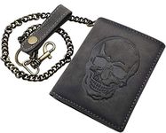 Buffalo Full Leather Biker Wallet with Metal Chain with Skull Motif with RFID & NFC Blocking (Grey)