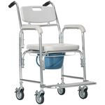 HOMCOM 3-in-1 Shower Chair with Wheels, Transport Beside Commode Chair, Waterproof Rolling Shower Commode Wheelchair with Padded Seat for Disabled, Elderly People, Grey