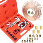 3/16" Brake Line Kit Includes 25Ft Copper Coated Brake Line Tubing Kit(with 16 Fittings and 4 Unions) + Brake Line Flaring Tool Kit for Single and Double Flares with 5 Adapters and Tube Cutter