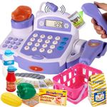 Buyger Toy Cash Register for Kids, Children Toy Till with Scanner Card Machine Lifting Vegetable Weigh Pretend Play Shop Cashier Till Accessories Gifts for Ages 3 4 5 + Years Old