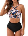 Santulu Women's Tummy Control Swimsuit Front Cross Halter Bikini Set High Waisted Bathing Suits Two Piece Vintage Swimwear Black Print M