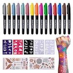 SUSIKEKI Temporary Tattoo Markers for Skin, 15 Colors Tattoo Pen + 50 Paint Stencils + 43 Tattoos Stickers, Glitter & Matte & Neon Glow Body Marker Set, Removable Fake Tattoos Kit for Teens and Adult