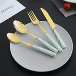 HOKIPO 410SS Mirror Finish 24Pcs Gold Cutlery Set with Ceramic Handles, Mint (AR-5065-MNT)