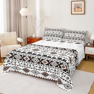 Western Aztec Print Kids Bed Sheet Set Twin Size,Geometric Brown Striped Sheet Set Kids Teens,Bear Plant Exotic Boho Abstract Art Bedding Decor Set with 1 Flat & 1 Fitted Sheet with 1 Pillow Sham
