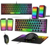 LexonElec Keyboard Mouse Set Champing Accessories PC Pack Combo - 60 Percent Ultra Compact Light up Mini Keyboard [UK Layout] and Mouse up to 6400 DPI Gaming Bass Speaker Breathable Mouse Pad