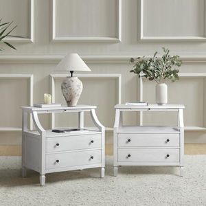 HULALA HOME Large Farmhouse Nightstand Set of 2 with Charging Station, Mid-Century Modern 2 Drawer Dresser, Bedside Table with Pull Out Shelf and Hidden Storage Space for Bedroom, White