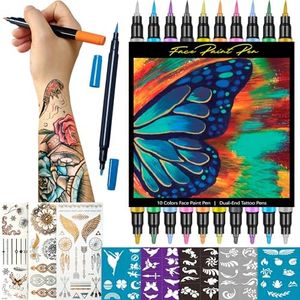 Temporary Tattoo Markers for Skin - Dual Tip 10 Colors Tattoo Pens for Skin Temporary, Washable Metallic Tattoo Markers with Stencils, Flexible Body Markers, Skin-Safe Face Paint Kit for Kids Adults