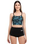 CREVOX Floral Blue Printed Padded Crop Top with Black Short Two Piece Swim Wear/Suit for Women (XL, Nylon)