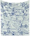 Ambesonne Airplane Soft Flannel Fleece Throw Blanket, Old Airplane Drawings Classic Dated Flight Vintage Style Nostalgic Jets, Cozy Plush for Indoor and Outdoor Use, 60" x 80", Royal Blue