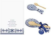 Youngs 21215 Ceramic Blue and White Talavera Spoon Rest with Bamboo Spoon and Tea Towel