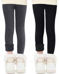 Domee Girls Fleece Lined Leggings Cotton Warm Pants 2 Pack High Waist Winter Thick Black+Dark Grey 11-12 Years (Manufacturer Size 170)