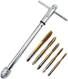 QISF Adjustable T-Handle Ratchet Tap Holder Wrench Set + 5Pcs Titanium M3-M8 Machine Screw Thread Metric Plug Taps(Wrench 10" Long)