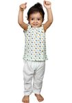 POLKA TOTS Cotton SL Duck Print Jhabla/Vest And Pant Set - White & Blue