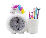 Taufa Villa Alarm Clock with Pen Holder for Kids Unicorn Alarm Watch for Girls Loud Bell Alarm Table Clock (White)(Plastic, 1.5Wx5.1Lx5.5H inches)