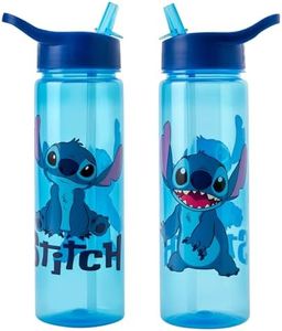 Disney Stitch Water Bottle Flip Up Straw 600ml – Official Merchandise by Polar Gear – Kids Reusable Non Spill - BPA Free - Recyclable Plastic - Ideal For School Nursery Sports Picnic, Blue