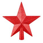 FEPITO Glitter Star Mini Christmas Tree Topper Shatter-Proof Small Christmas Tree Decoration Treetop for Holiday Ornament or Home Décor (Red, 4.3 inches)