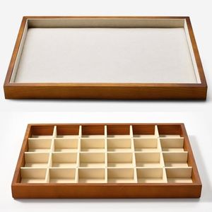 Oirlv 2-Piece Wood Jewelry Organizer Set: Stackable Creamy-White Tray & 24-Grid Box with Microfiber Interior for Drawer Storage and Display, Jewelry Organizers for Women
