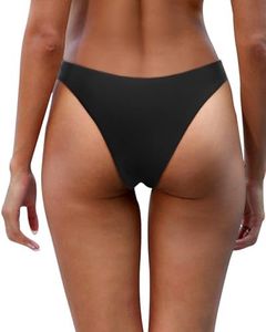 Aqua Eve Women Cheeky Bikini Bottom Brazilian High Cut Swim Bottom Low Rise Bathing Suit Bottom, Black, Small