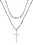 Layered Cross Necklace for Men Stainless Steel Plain Cross Pendant Necklace Rope Chain Necklace for Boys(C)