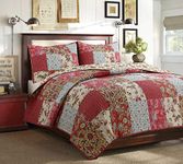 Cozy Line Home Fashions Adeline Red Teal Khaki Floral Pint Pattern Real Patchwork 100% Cotton Reversible Coverlet Bedspread Quilt Bedding Set for Women (Red Aqua, Queen - 3 Piece)