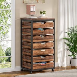 Tribesigns 7-Drawer File Cabinet, Wood Mobile Storage Drawer Unit, Industrial Office Cabinet with Drawers & Wheels, Rolling Printer Stand for Home Office (Rustic Brown)