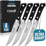 Cutluxe Steak Knives - Forged German High Carbon Steel Serrated Steak Knife Set of 4 – High End Ergonomic Handle Large Steakhouse Knife Set