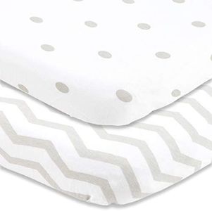 Travel Lite Crib Sheets Compatible with Graco Travel Lite Crib with Stages – Fits Perfectly on 20” x 30” Mattress Without Bunching Up – Snuggly Soft Jersey Cotton – Grey Polka Dots, Chevron – 2 Pack