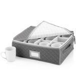 China Cup Storage Chest - Quilted Fabric Container in Gray Measuring 16" x 13" x 6"H - Perfect Storage Case for Coffee Cups - Tea Cups - Mugs