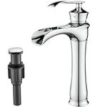 Tall Bathroom Vessel Sink Faucet, Arkosdex Retro Waterfall Bathroom Faucet, 1 Hole Vanity Sink Faucet with Pop Up Drain & Water Hoses, Elegant Lines & Waterfall Spout Design, Brass (Chrome)