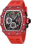 FANMIS Mens Luxury Tonneau Square Watches Analog Punk Chronograph Unique Sports Wrist Watch Japanese Movement Luminous Design with Rubber Band, X Red Red, Chronograph