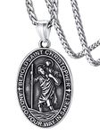 Oval Saint Christopher Medal Necklace for Men Silver Religious/Protector/Travel Pendant Strong Links Durable Clasp