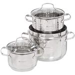 Daniks Tokio Stainless Steel 6-Piece Kitchen Cookware Set | Induction Pot | Pasta Pot with Strainer Lid | Dishwasher Safe | 2 Quart + 3 Quart + 4.5 Quart | Silver