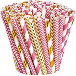 Comfy Package Paper Drinking Straws 100% Biodegradable Multi-Pattern Party Straws [200 Pack] Pink & Rose Gold