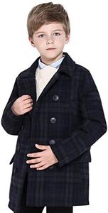 SOLOCOTE Boys Coat Elegant Notched Collar Double Breasted Wool Blend Over Pea Coat, Navy/Grey Check, 13-14 Years