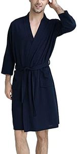 Lu's Chic Men's Waffle Kimono Robe Lightweight Spa Bathrobe Pockets Turkish Hotel Nightgown, Navy, Medium-Large