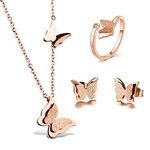 BAFOME 18k Rose Gold Stainless Steel Butterfly Jewelry Set Necklace Ring Stud Earrings Best Gift for Women Girl (Adjustable Ring)