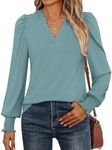 ANRABESS Women's Puff Long Sleeve Shirts V Neck Loose T-Shirts Dressy Casual Work Blouses 2024 Fall Tops Trendy Clothes Cadet Blue S