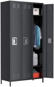Metal Storage Locker with 3 Doors, Metal Locker for Employees with 9 Hooks for Garage School Office Gym Home, Assembly Required, Black
